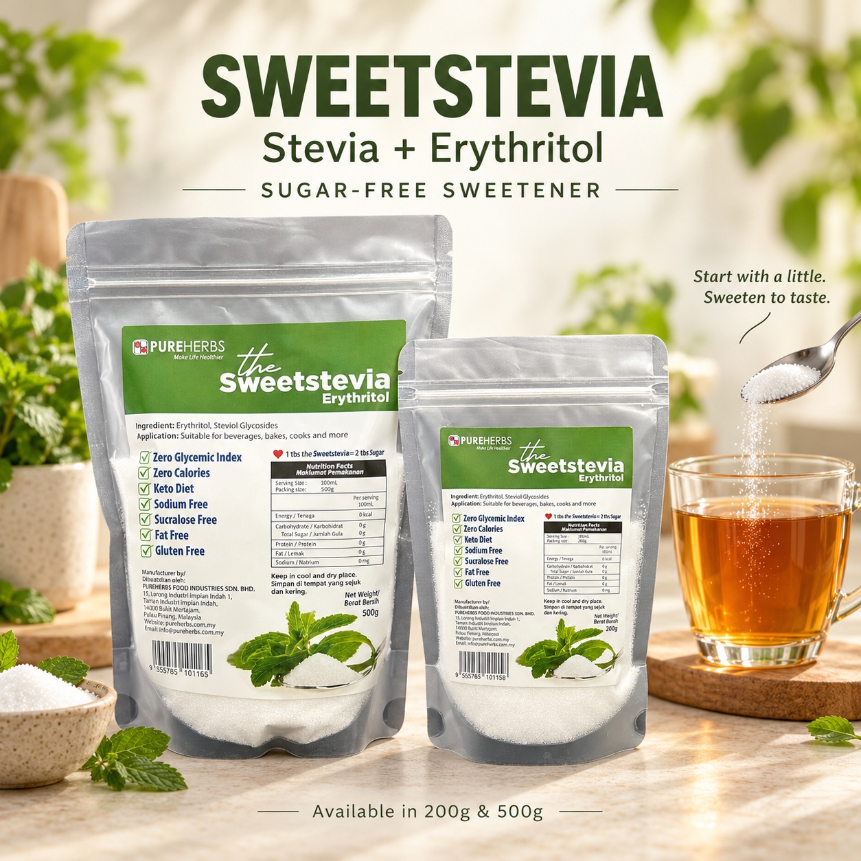 SWEETSTEVIA_PROMOTION_SQUARE PUREHERBS The Sweet Stevia Erythritol sweetener in 200g and 500g pouches