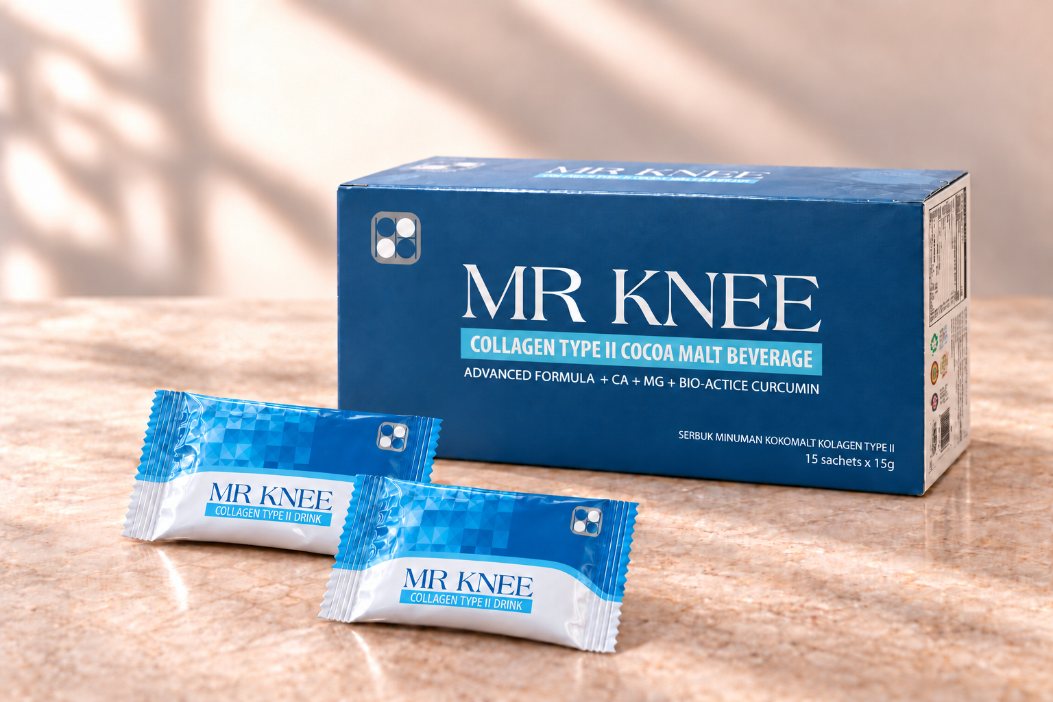 PUREHERBS MR KNEE Collagen Type II cocoa malt beverage box and sachets
