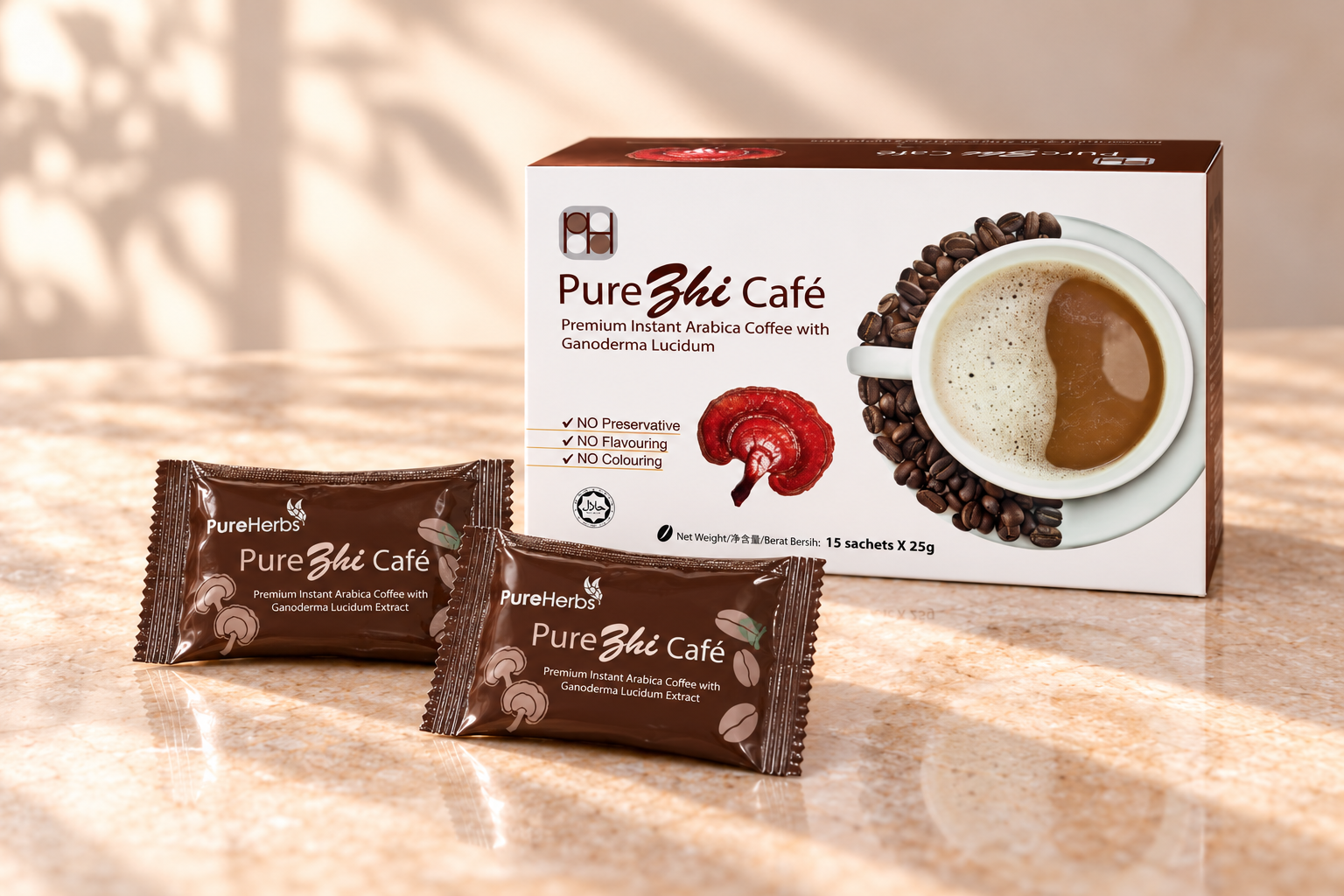 PUREHERBS PureZhi Café Arabica coffee with Lingzhi, 15 sachets × 25g box