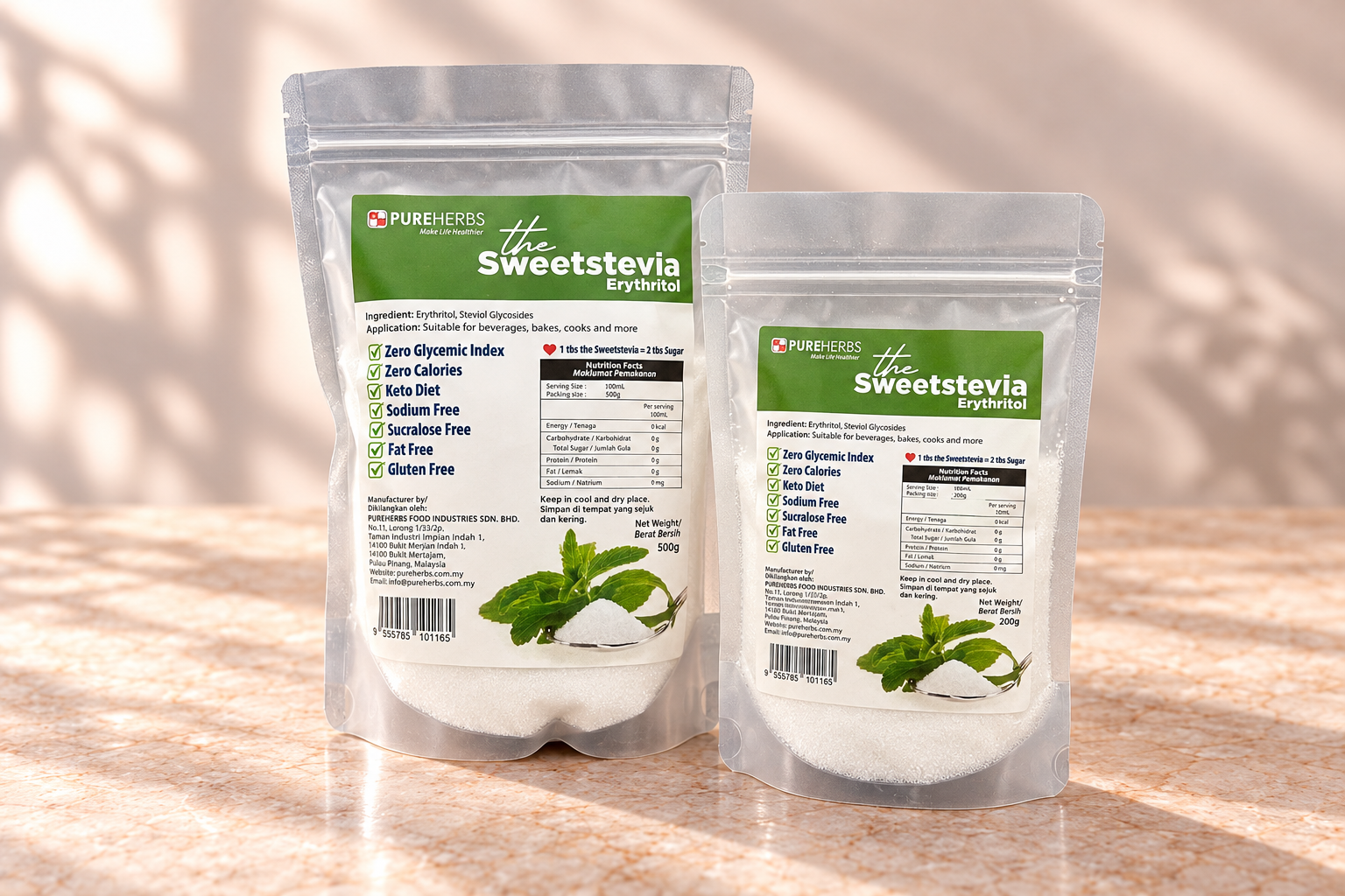 PUREHERBS Sweet Stevia Erythritol 200g and 500g pouches